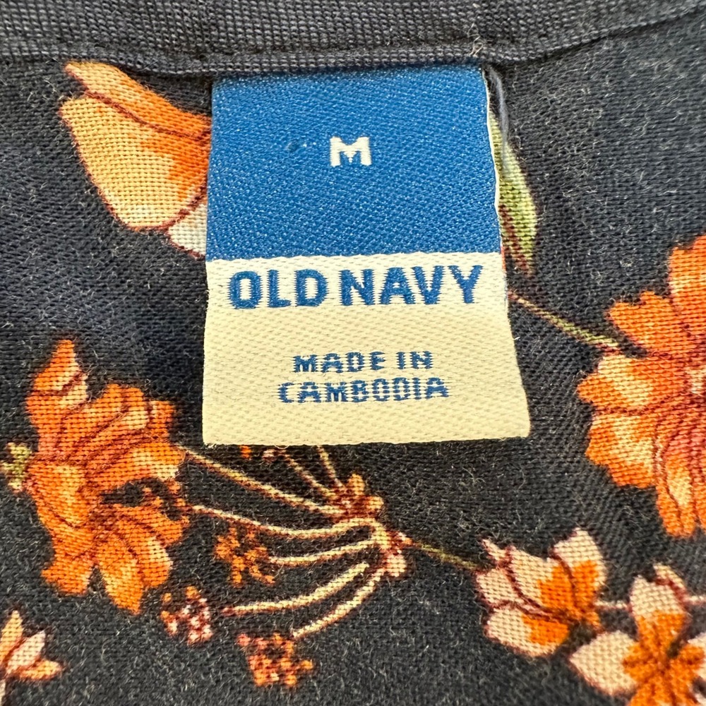 Old Navy Floral Babydoll Dress Women Size M Navy Blue Puff Sleeve V-Neck Tiered - Picture 3 of 11